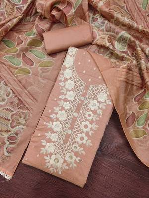 peach unstitched woven embroidered neck with digital printed dupatta modal butti dress material 4