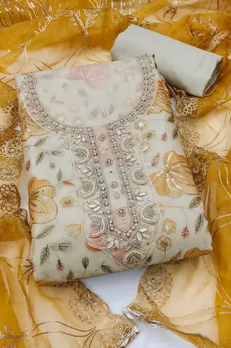 multi unstitched handwork position print embroidery with embroidered dupatta viscose salsa dress material