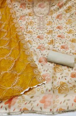 multi unstitched handwork position print embroidery with embroidered dupatta viscose salsa dress material 2