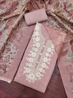light purple unstitched woven embroidered neck with digital printed dupatta modal butti dress material 4
