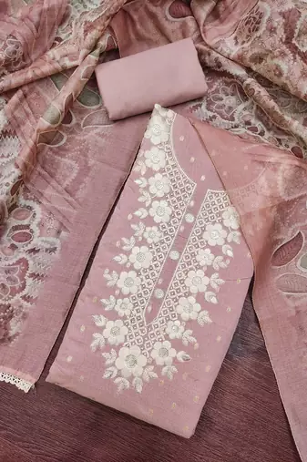 light purple unstitched woven embroidered neck with digital printed dupatta modal butti dress material