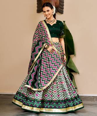 dark green silk blend printed traditional lehenga choli 1