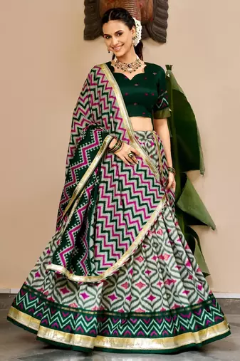 dark green silk blend printed traditional lehenga choli