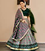 dark green silk blend printed traditional lehenga choli
