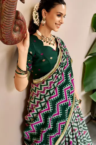 dark green silk blend printed traditional lehenga choli