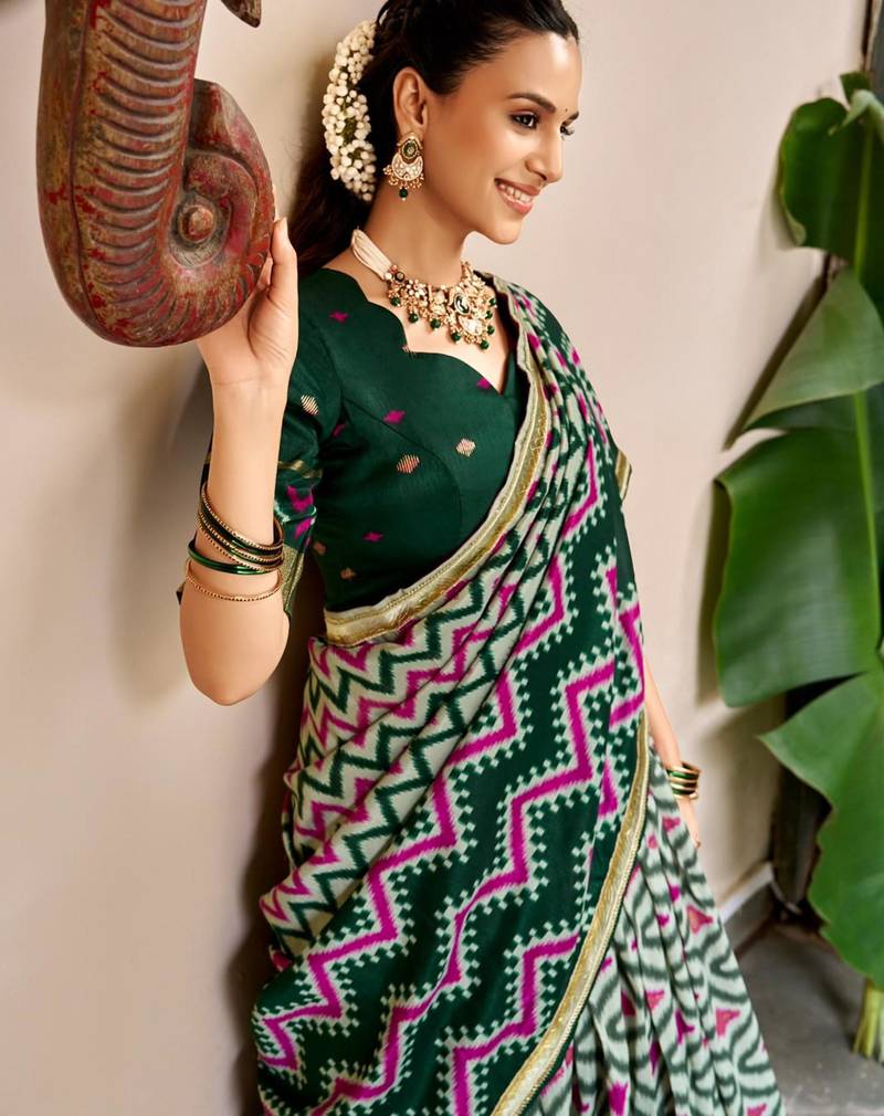 dark green silk blend printed traditional lehenga choli