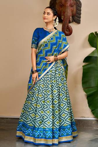 blue silk blend printed traditional lehenga choli