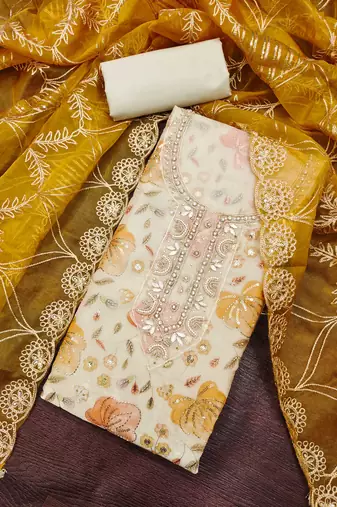 multi unstitched handwork position print embroidery with embroidered dupatta viscose salsa dress material