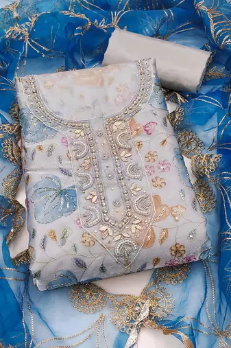multi unstitched handwork position print embroidery with embroidered dupatta viscose salsa dress material