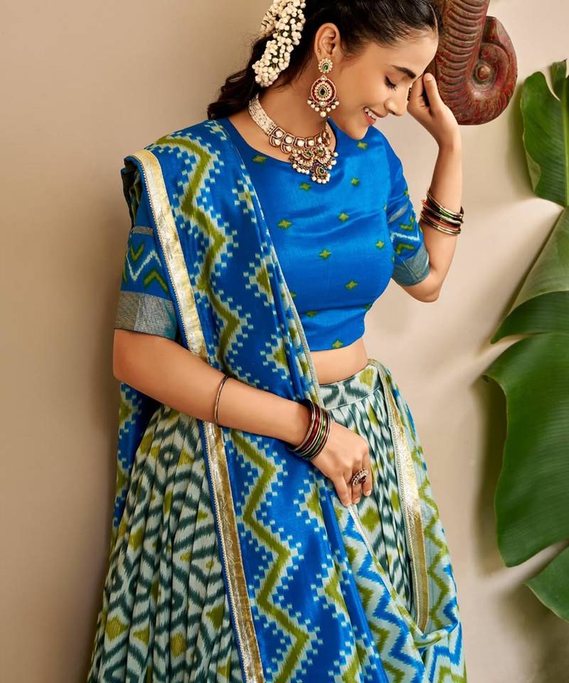 blue silk blend printed traditional lehenga choli