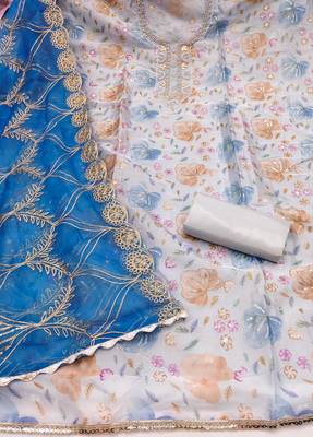 multi unstitched handwork position print embroidery with embroidered dupatta viscose salsa dress material 2
