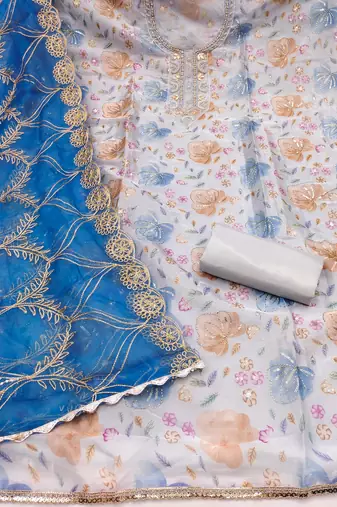multi unstitched handwork position print embroidery with embroidered dupatta viscose salsa dress material