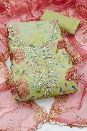 multi unstitched handwork position print embroidery with embroidered dupatta viscose salsa dress material
