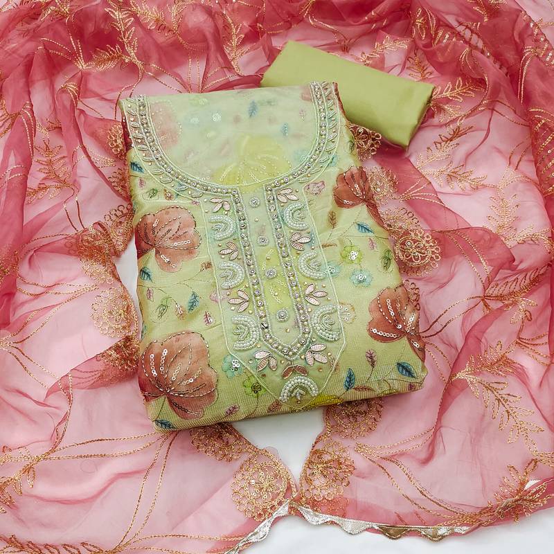 multi unstitched handwork position print embroidery with embroidered dupatta viscose salsa dress material