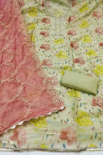 multi unstitched handwork position print embroidery with embroidered dupatta viscose salsa dress material