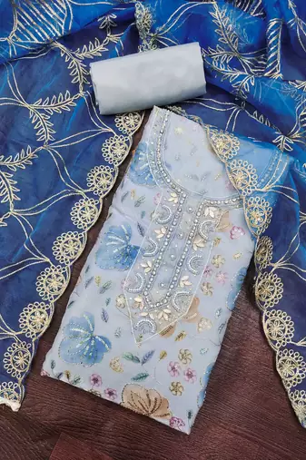 multi unstitched handwork position print embroidery with embroidered dupatta viscose salsa dress material