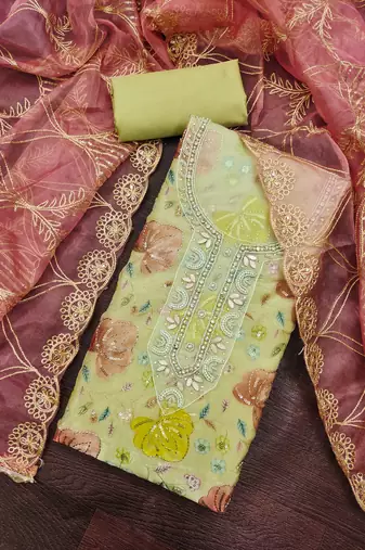 multi unstitched handwork position print embroidery with embroidered dupatta viscose salsa dress material