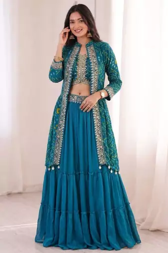 teal georgette embroidered traditional lehenga choli