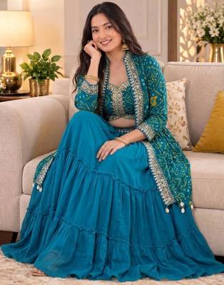 teal georgette embroidered traditional lehenga choli 3