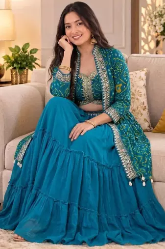 teal georgette embroidered traditional lehenga choli