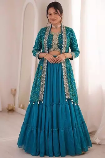 teal georgette embroidered traditional lehenga choli