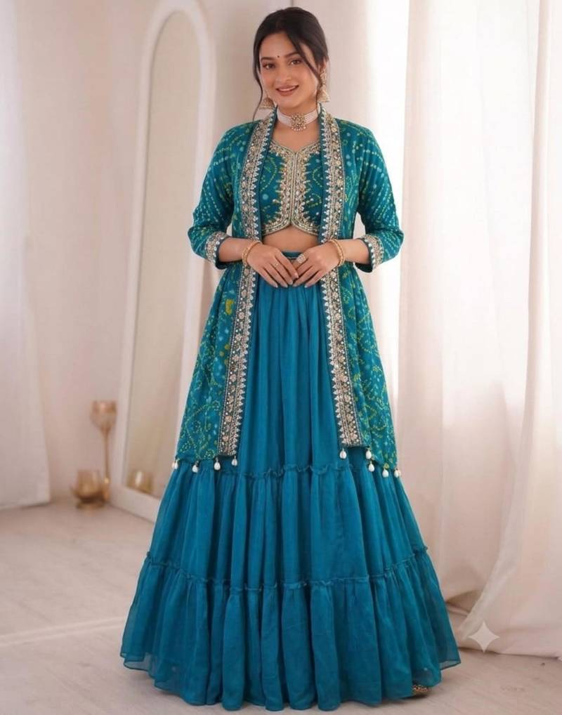 teal georgette embroidered traditional lehenga choli