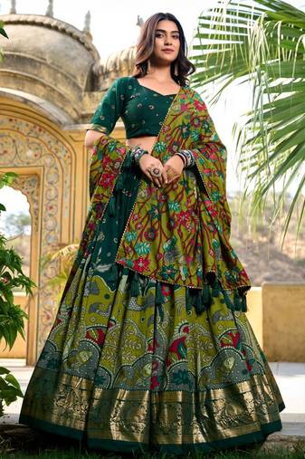 dark green silk blend printed traditional lehenga choli upto 42