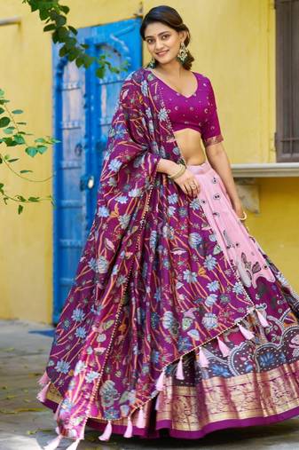 purple silk blend printed traditional lehenga choli upto 42