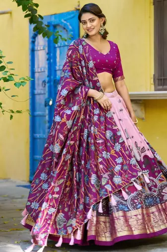 purple silk blend printed traditional lehenga choli upto 42