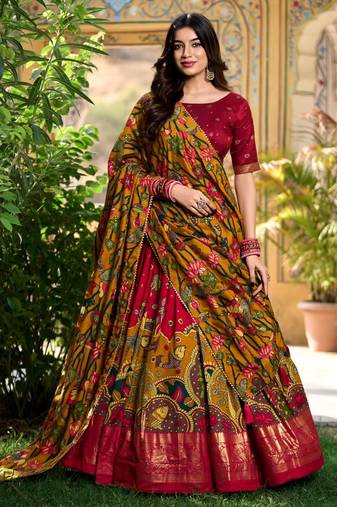 red silk blend printed traditional lehenga choli upto 42