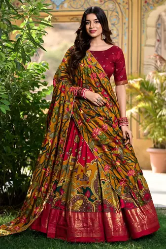 red silk blend printed traditional lehenga choli upto 42