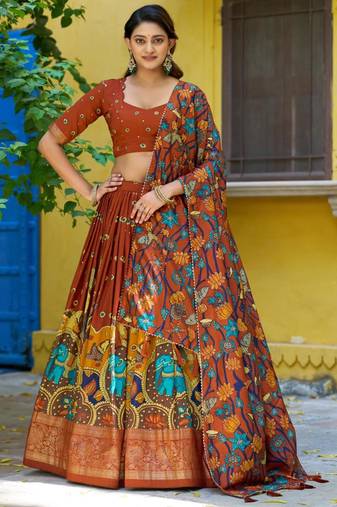 brown silk blend printed traditional lehenga choli upto 42