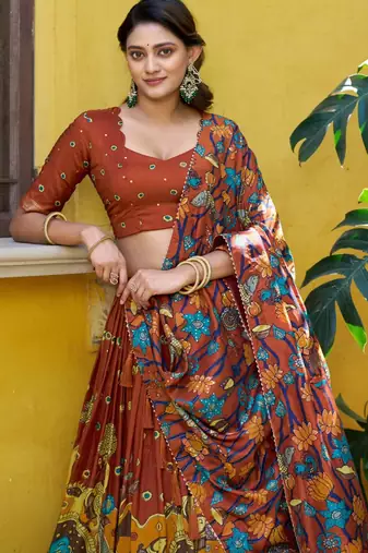 brown silk blend printed traditional lehenga choli upto 42