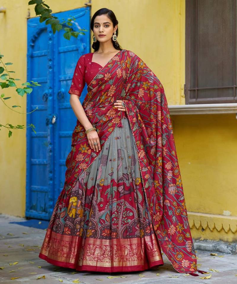 grey silk blend printed traditional lehenga choli upto 42