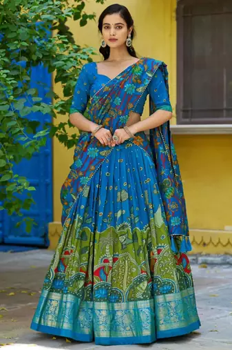 blue silk blend printed traditional lehenga choli upto 42