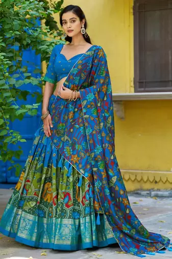 blue silk blend printed traditional lehenga choli upto 42