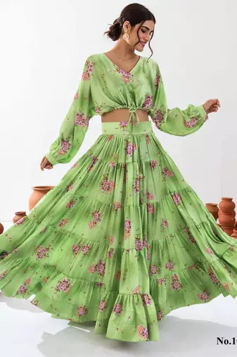 green silk blend printed fashion lehenga choli