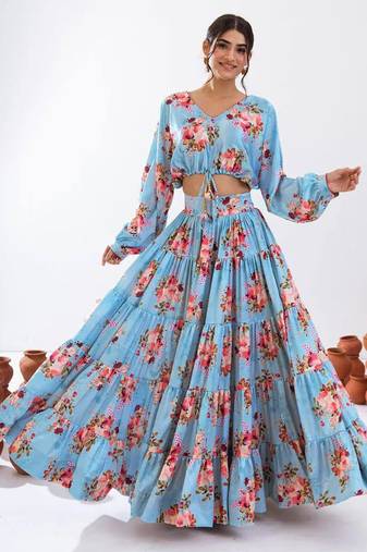 sky blue silk blend printed fashion lehenga choli