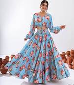 sky blue silk blend printed fashion lehenga choli