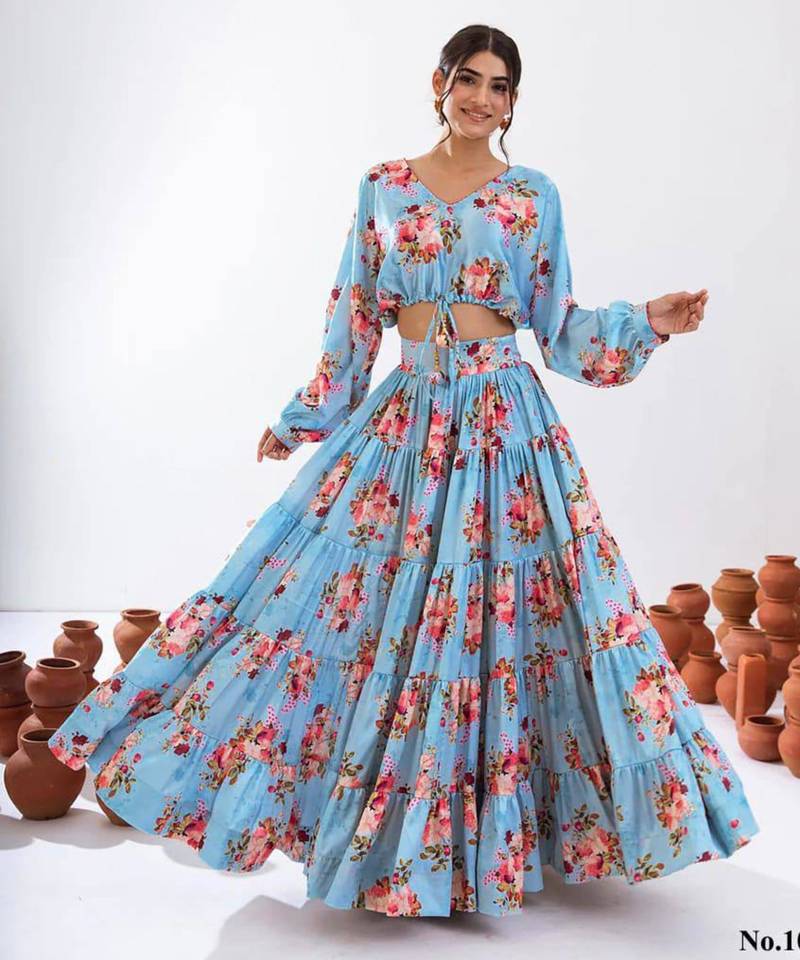 sky blue silk blend printed fashion lehenga choli