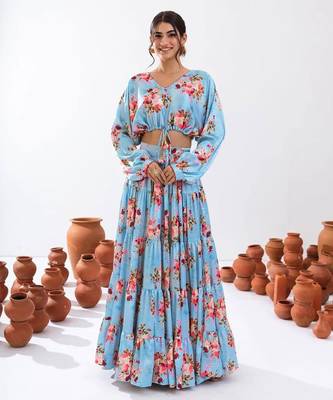 sky blue silk blend printed fashion lehenga choli 2