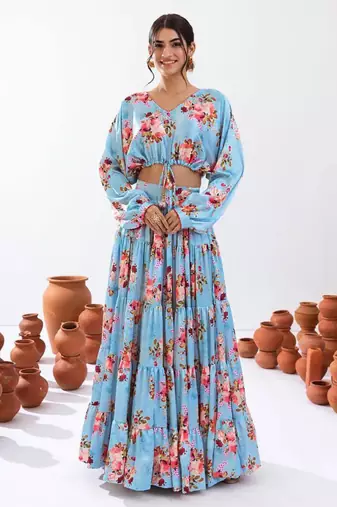 sky blue silk blend printed fashion lehenga choli