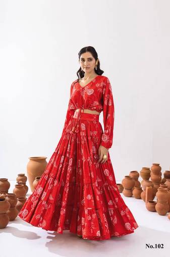 red silk blend printed fashion lehenga choli