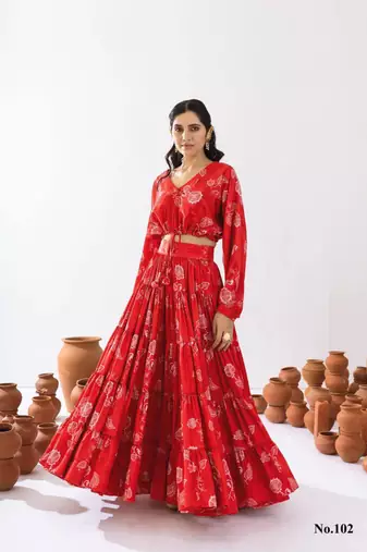 red silk blend printed fashion lehenga choli