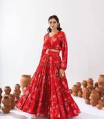 red silk blend printed fashion lehenga choli