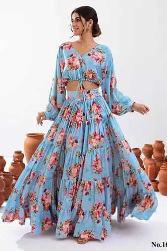 sky blue silk blend printed fashion lehenga choli
