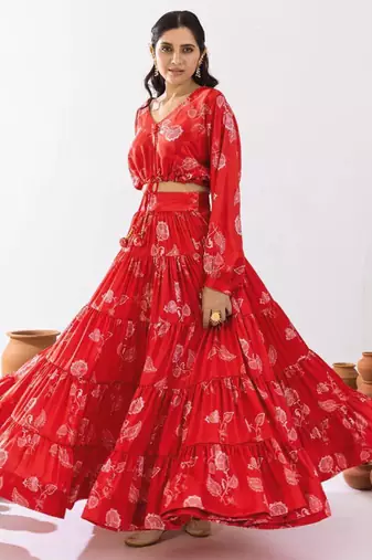red silk blend printed fashion lehenga choli