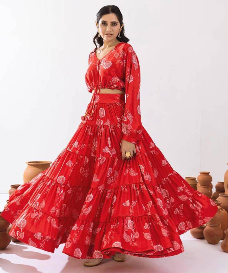 red silk blend printed fashion lehenga choli