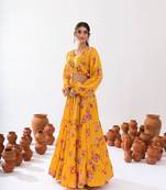 yellow silk blend printed fashion lehenga choli