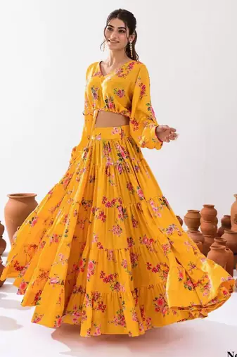 yellow silk blend printed fashion lehenga choli